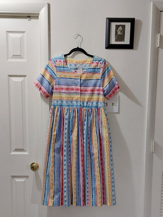 Vintage Dresses & Skirts - Vintage Striped Midi Dress in Blue, Pink, Yellow, Cream Pittite Small